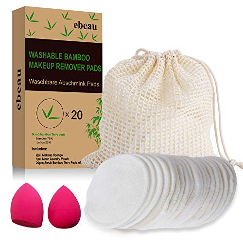 Reusable Makeup Remover Pads 20 Pack, Soft Organic Bamboo Facial Cotton Rounds, Washable Eco-friendly Natural Facial Cleansing Cloths for Eye Makeup Remove, with Laundry Bag and 2 Makeup Sponges