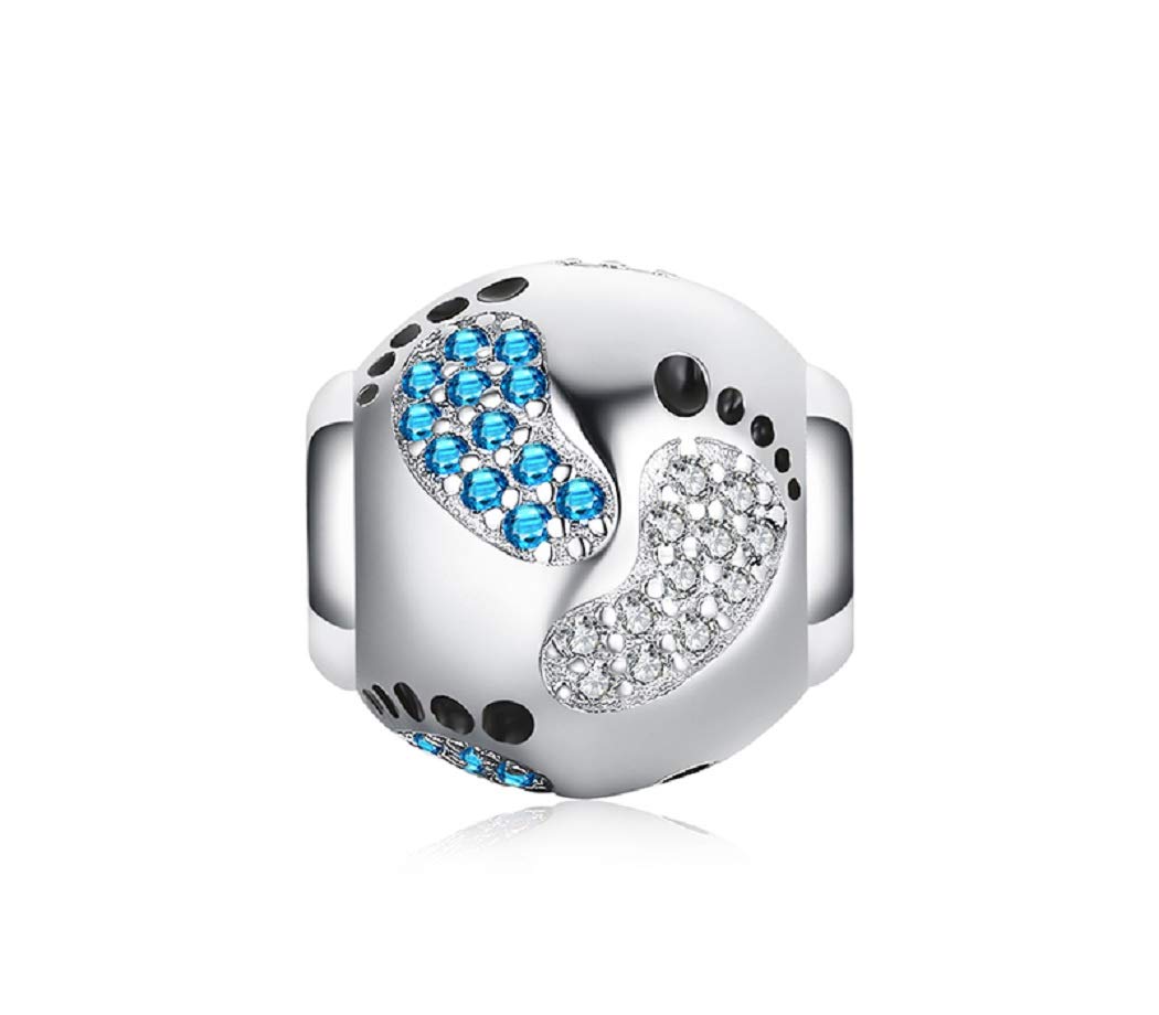 FeatherWish New Baby Footprints Its A Boy Or Girl 925 Sterling Silver Bead Charm With Blue And Clear Cubic Zirconia Compatible With Pandora Bracelet Or Necklace