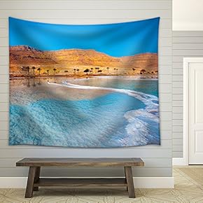 Dead Sea Seashore with Palm Trees and Mountains on Background - Fabric Wall Tapestry Home Decor - 51x60 inches