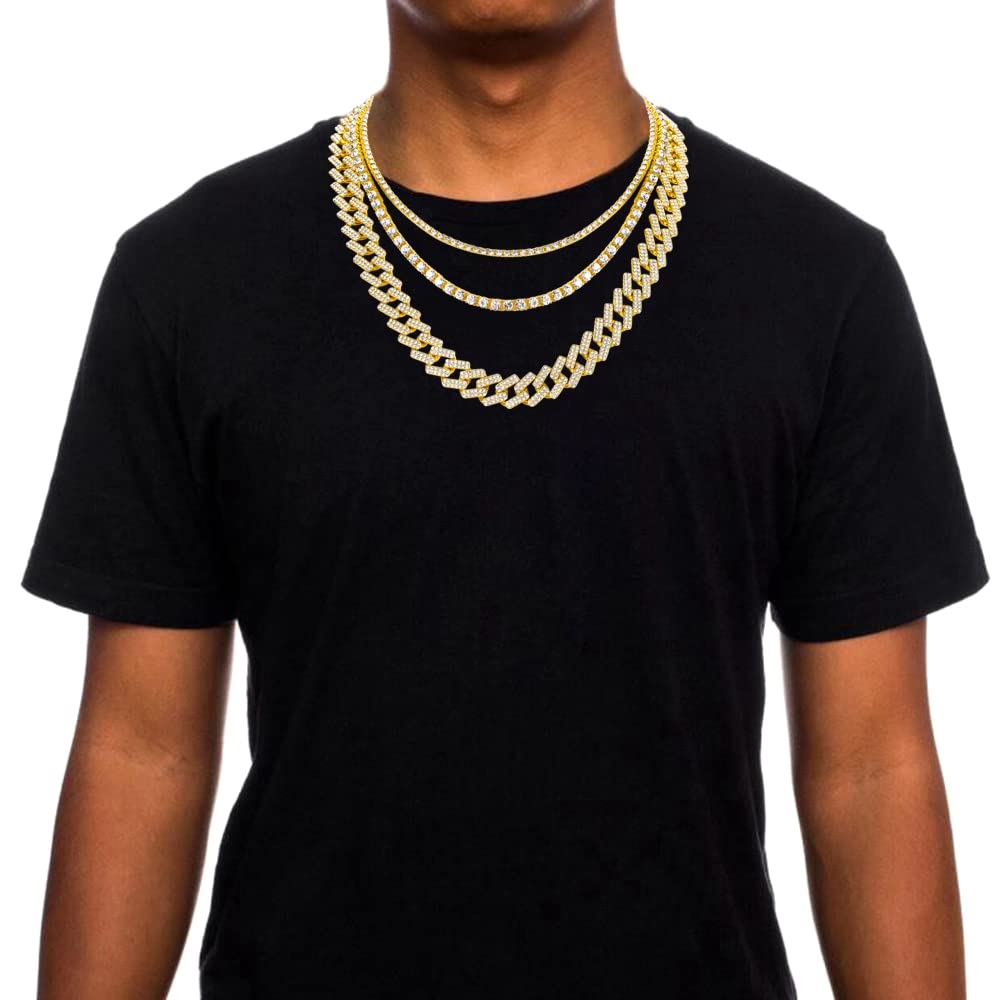 HH BLING EMPIRE Gold Silver Chain Necklace for Men Women Iced Out Diamond Tennis and Cuban Link Chain Necklaces Hip Hop Jewelry Sets 3Pc 18/20/24 Inch