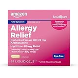 Amazon Basic Care Allergy Relief, Diphenhydramine HCl - Antihistamine, 24 Count, Red