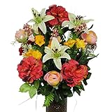 Pink Red and Yellow Silk Flower Bouquet with Stay-In-The-Vase® Design Flower Holder(SM1261)