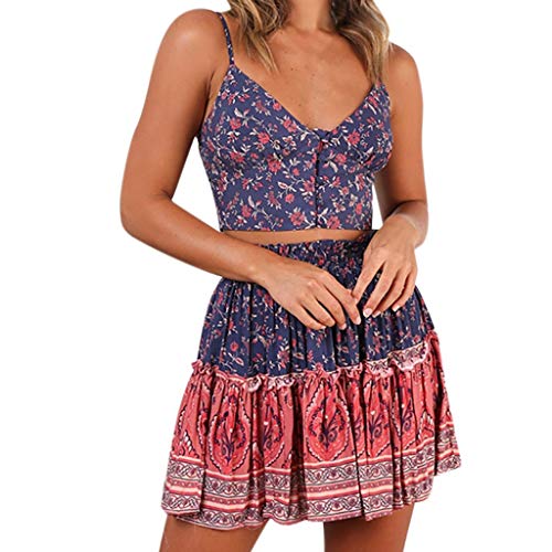 Women's Printed Sling & Skirt Set 2 Piece Outfit Printed Boho Beach Casual Dress Blue - Thumbnail 7