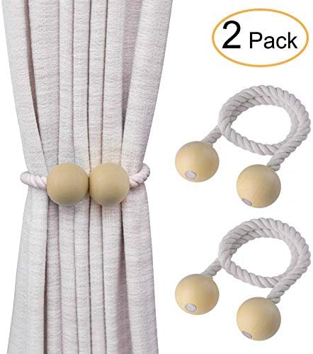 Yacolife Curtain Tie Back Magnetic Curtain Clips Rope Holdbacks Curtain Holder Buckles 2pcs, Wood Bead Weaving Rope Home Office Hotel Window Decoration (Wood)