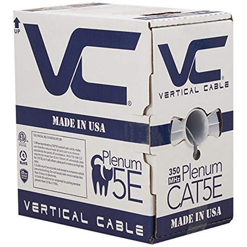 Vertical Cable CAT5E, 350 MHz, UTP, 24AWG, 8C Solid Bare Copper, Plenum, 1000ft, Gray, Bulk Ethernet Cable - Made in USA