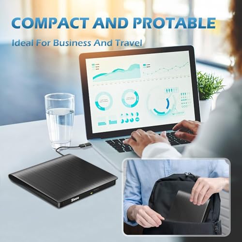 Ziweo External CD DVD Drive, Portable USB 3.0 Type-C CD Burner CD +/-RW Drive DVD Player for ROM Rewriter Burner Compatible with Laptop Desktop PC Windows MacBook Linux Mac OS