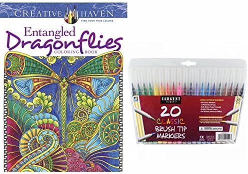 Sargent Art Firm Brush Tip Marker Pens in a Case, Set of 20 and Dover Adult Coloring Book, Entangled DragonFlies Gift Set: Stress Relieving Patterns to Relax and Enjoy!