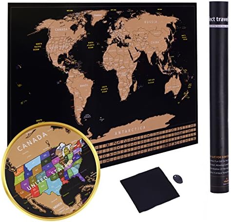 Perfect Travel Scratch off World Map Poster with US States Outlined and Country Flags, 34x21'' matching different wall decoration style, Fashionable Glossy Finish, Black with Splendid Gold