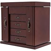 WANLECY Large Wooden Jewelry Box with Built-in Mirror, 5 Drawers Jewelry Case with Side Organizer, Watches Necklace Ring Storage Box for Women