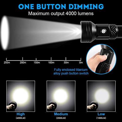 VOLADOR Scuba Diving Flashlight, 4000 Lumen Underwater Dive Light with Power Indication, CREE XHP 70 LED IPX-8 Waterproof Night Dive Torch, Rechargeable 26650 Battery, Charger, Lanyard