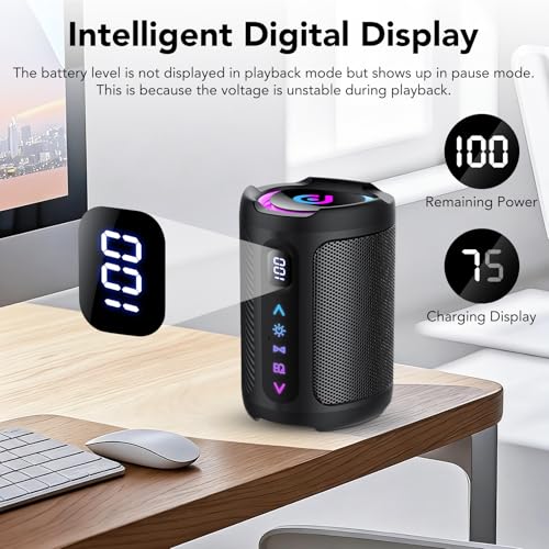 aowoka Portable Wireless Bluetooth Speaker with LED Light, Smart Digital Screen+Smart EQ, Bluetooth 5.4, Powerful Bass, IPX7 Waterproof, Speaker for Travel/Sport/Party/Bike