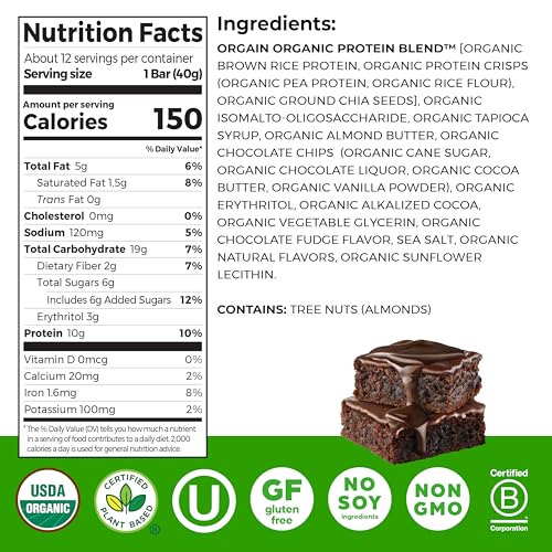 Orgain Organic Vegan Protein Bars, Chocolate Brownie - 10g Plant Based Protein, Gluten Free Snack Bar, Low Sugar, Dairy Free, Soy Free, Lactose Free, Non GMO, 1.41 Oz (12 Count)