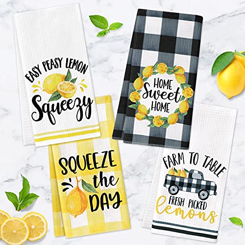 Lemon Kitchen Towels Lemonade Summer Tea Towels Yellow Black Buffalo