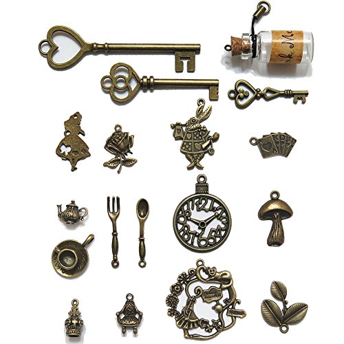 N'joy 18-Piece Alice in Wonderland Fairy Tales Tea Party Steampunk Victorian Necklace Bracelet Charms,Antique Bronze