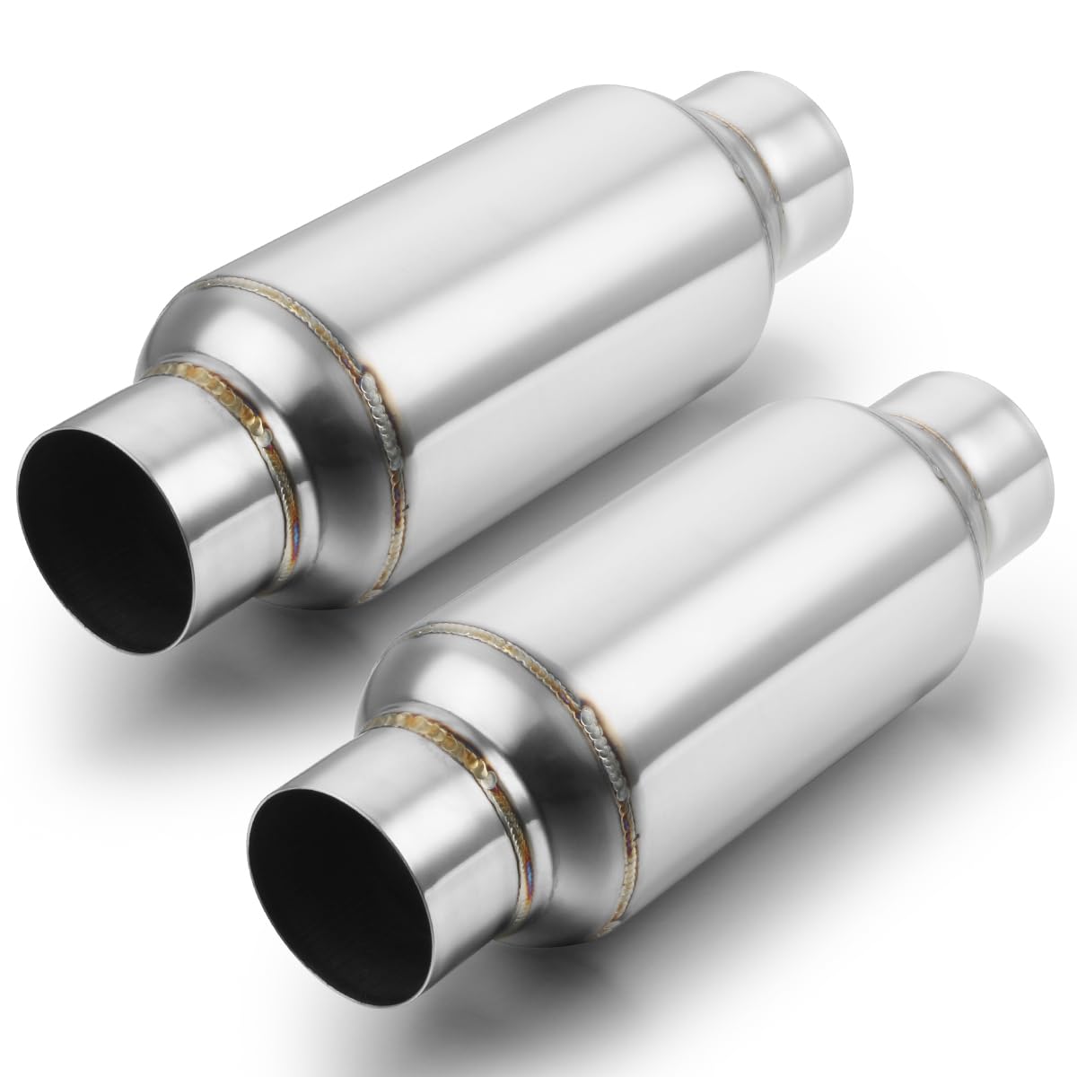 Photo 1 of A-KARCK 2.5" Inlet Exhaust Resonator, 2.5" Inlet 2.5" Outlet 11.5" Overall Length Muffler Resonator Stainless Steel Polished 2 Pack