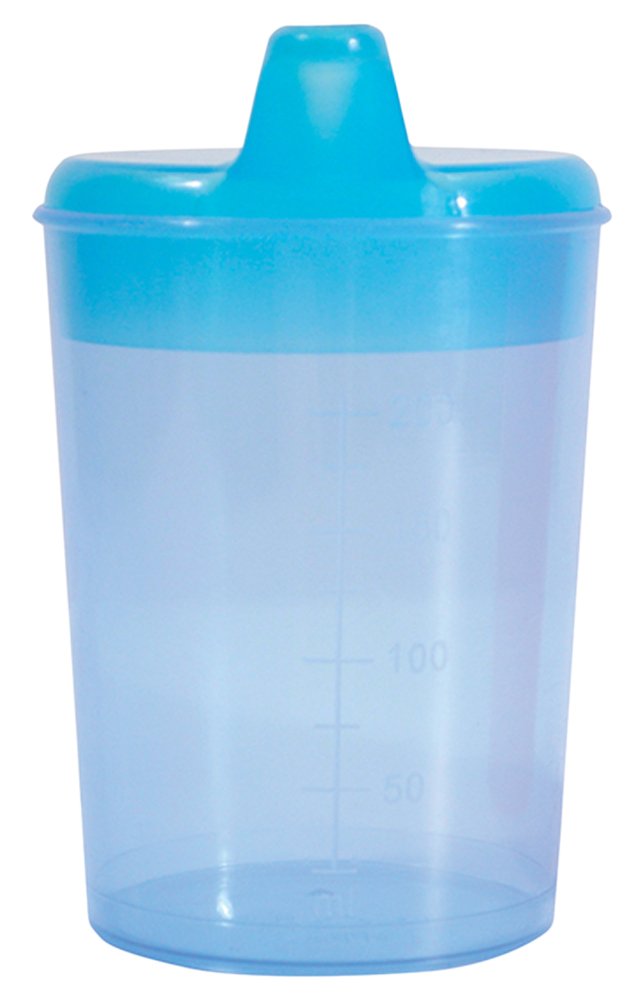 Drinking/Feeding Cup with 2 Spouts and graduated measurements on Side. Narrow Spout for drinking Liquids, Wider Spout for more Solid or Blended Food. Easy to hold and use. Reduces risk of Spillage.