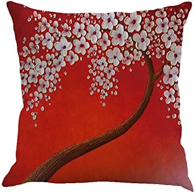 SYH003 Oil Painting Black Large Tree and White Flower Linen Throw Pillow Covers Decorative Pillowcase Cushion Cover 18 x18 Inch (Red)