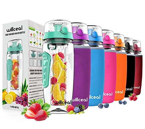 Fruit Infuser Water Bottle 32oz Willceal- Durable, Large - BPA Free Tritan, Flip Lid, Leak Proof Design - Sports, Camping (Mint)