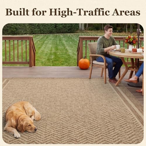 Outdoor Rug-Patio Rug Boho Polypropylene Indoor Outdoor Rug for Porch Balcony Patio Outdoor Area Rug Durable Outdoor Carpet Living Room Mat, Frame Brown 7.9x10 ft