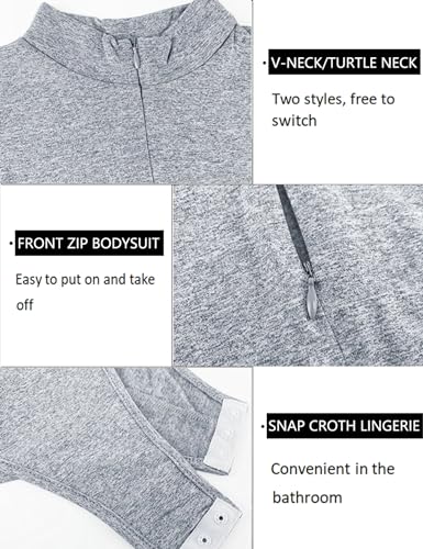 DECIMALPT LONG SLEEVE BODYSUIT TOPS TURTLENECK/V NECK LEOTARDS FRONT ZIP UP BODY SUIT FOR WOMEN GREY