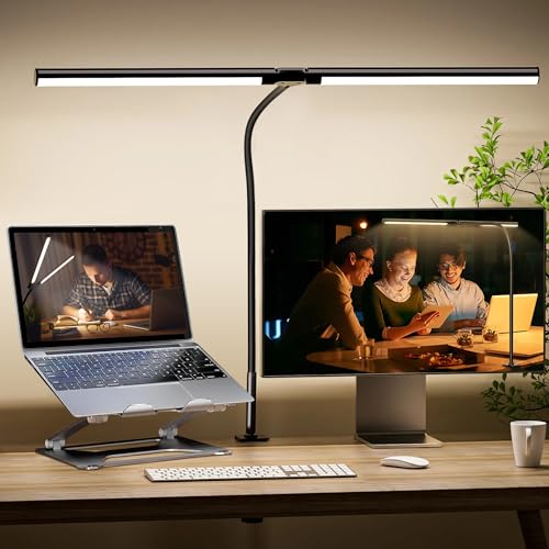 Lámpara Doble de Escritorio LED, Lampara de Escritorio con 3 Modos de Color y 10 Ajustes de Brillo, Lampara de Mesa de Brazo Flexible Ajustable 360° para Leer, Hogar y Oficina (Negro, 50 centímetros)