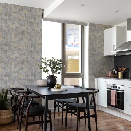 Textured Wallpaper, Distressed Concrete Adhesive Wallpaper, 44cm x 300cm, White Gold Gray Metallic Non-Woven Wall Paper, Modern Neutral Design for Bedroom and Home Decor