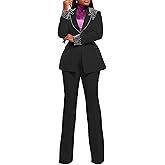Tcremisa Womens Fashion Pants Suit 2 Piece Business Outfits Pearls Long Sleeve Blazer and Slim Fit Pants Sets