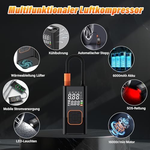 Tragbarer Reifenfüller – Kabellose Digitale Luftpumpe, Voreingestelltem Reifendruck, Auto-Stopp und LED Licht für Auto Motorrad Fahrrad Ball Reisen & Notfälle
