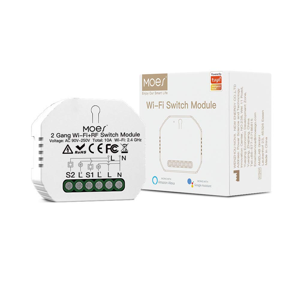 MOES Mini DIY WiFi and RF433 Smart Light Switch Module 1/2 Way or Multi-Control Association, Compatible with Smart Life/Tuya App, Remote Control, Alexa and Google Home, 2 Gang — image 1