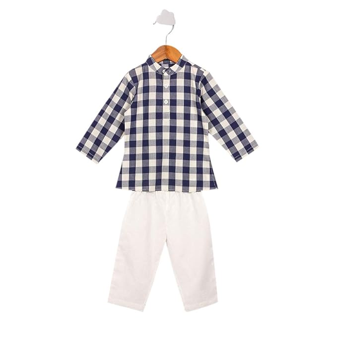 nino bambino By Hopscotch Boys Organic Cotton Checks Full Sleeves Kurta Pajama Set in Multi Color
