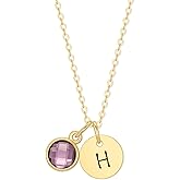 EVE'S ADDICTION Gold Hand Stamped Initial Necklace with Birthstone Charm - Gifts for Mom