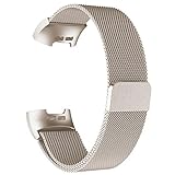 POY Metal Replacement Bands Compatible for Fitbit Charge 3 Fitness Activity Tracker, Milanese Loop Stainless Steel Bracelet Strap Unique Magnet Lock Women Men, Small Champagne