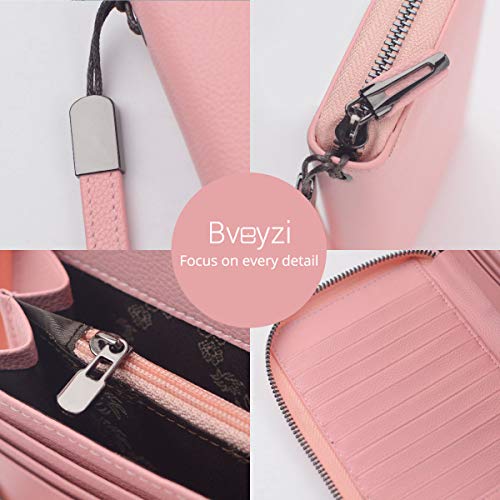 Women RFID Blocking Wallet Leather Zip Around Phone Clutch Large Travel Purse Wristlet (Pink)