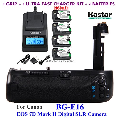 Kastar Pro Multi-Power Vertical Battery Grip (Replacement for BG-E16) + 4x LP-E6 Replacement Batteries + Ultra Fast Charger Kit for Canon EOS 7D Mark II (Not for EOS 7D) Digital SLR Camera