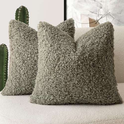 Foindtower 2 Pieces 20x20 Inch Sage Green, Faux Fur Throw Pillow Cover Accent Sherpa Pillow Fuzzy Soft Pillowcases Sheepskin Decorative Fleece Cushion Case for Bed Couch Living Room
