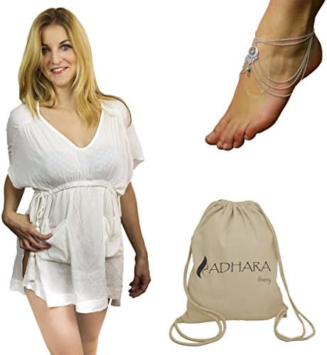 White loose beach cover up dress w pockets and bohemian anklet in cotton gym bag