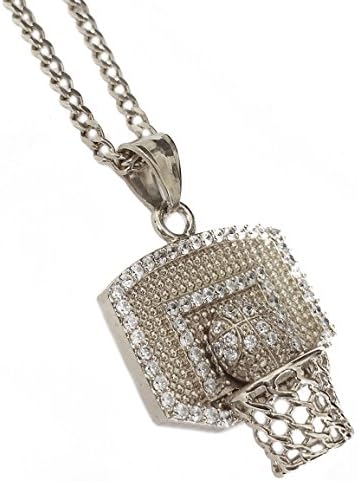 18k Gold Plated Mini Basketball Hoop &amp; Backboard Pendant Stainless Steel Necklace with 24" Cuban Chain (Silver)