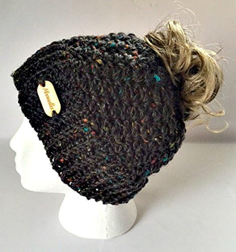 Handmade Messy Bun Hat Black Charcoal Tweed Beanie Wood Button Pony Tail Holder Crochet Toque