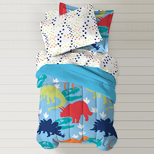 5 Piece Kids Blue Dinosaur Comforter Twin Set Orange Dino Bedding
