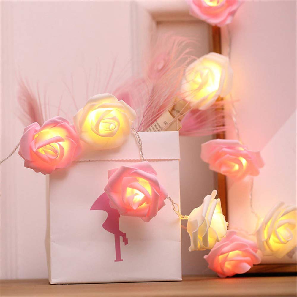Fantes LED Rose Flower String Lights Battery Operated for Wedding Party Birthday Festival Decor (Pink + Warm White, 9.8ft 20LED)