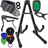 Guitar Accessories Kit - Stand, Clip-on Tuner, Strap w/Locks, Capo, 4 Assorted Picks, w/Leather Holder - For Acoustic and Electric Instruments - Great Gift For Beginners and Advanced Players