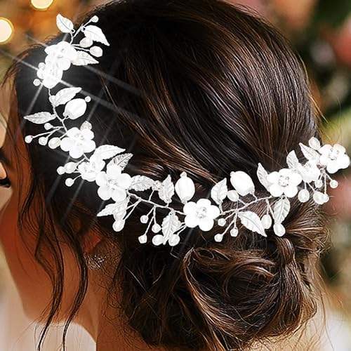 Latious Flower Bride Wedding Hair Vine Silver Pearl Headpiece