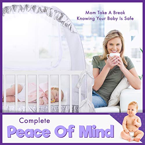 Crib Pop Up Tent - Safety Net Canopy to Protect Your Baby from Crib Rails, Falls and Mosquito Bites - See Through Mesh w/Decorative Border - Sturdy - Unisex - Bonus Set of 2 Bibs with Teething Corner - Thumbnail 4