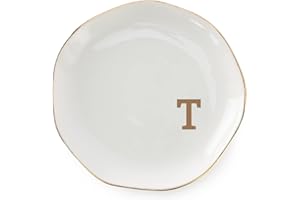VINCOMIC Initials Ring Dish Jewery Tray with Personalized T-Monogrammed Gifts Wedding Engagement for Women Friends Sister Teacher,Ceramic White