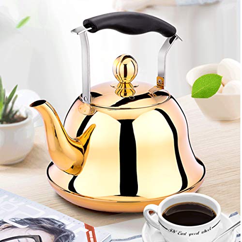 Gold Whistling Tea Kettle Stainless Steel Stovetop Teakettle Sturdy Teapot for Tea Coffee Fast Boiling with Infuser Color Gold Mirror Finish 2 Liter / 2.1 Quart (Gold)