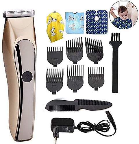 Full Waterproof Rechargeable hair clipper trimmer ceramic head cutting low noise infant precision clipper professional baby Adult barber hair cutting machine Salon Apron with Limit Combs (Golden)