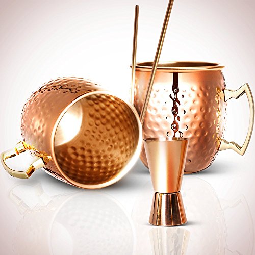 Spirit Valley Moscow Mule Copper Mugs and Straws with Bonus Jigger, Pure Solid Copper Cups, Gift Set of Two 16 Oz Cups, 2 Recipes EBooks Included, Handmade Hammered Mugs