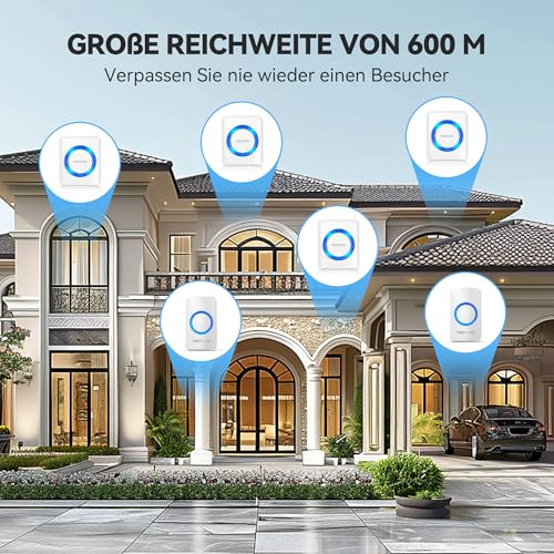 TECKNET Wireless Bell, IP65 Wireless Bell Set, Outdoor Waterproof, Wireless Doorbell 600 m Range, Front Door Bell, 2 Transmitters, 4 Plug-In Receivers, 60 Melodies Doorbell and Bell Push with LED Flash