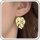 Aneneiceera Boho Hammered Leaf Dangle Earrings Gold Textured Palm Leaf Earring Hollow Metal Leaf Drop Earring Vintage Plant Monstera Leaves Earrings Jewelry for Women