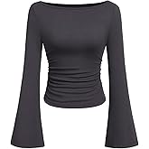 TITOMD Women's Bell Long Sleeve Shirts 2026 Spring Boat Neck Crop Going Out Trendy Tops Ribbed Ruched Y2K Clothes